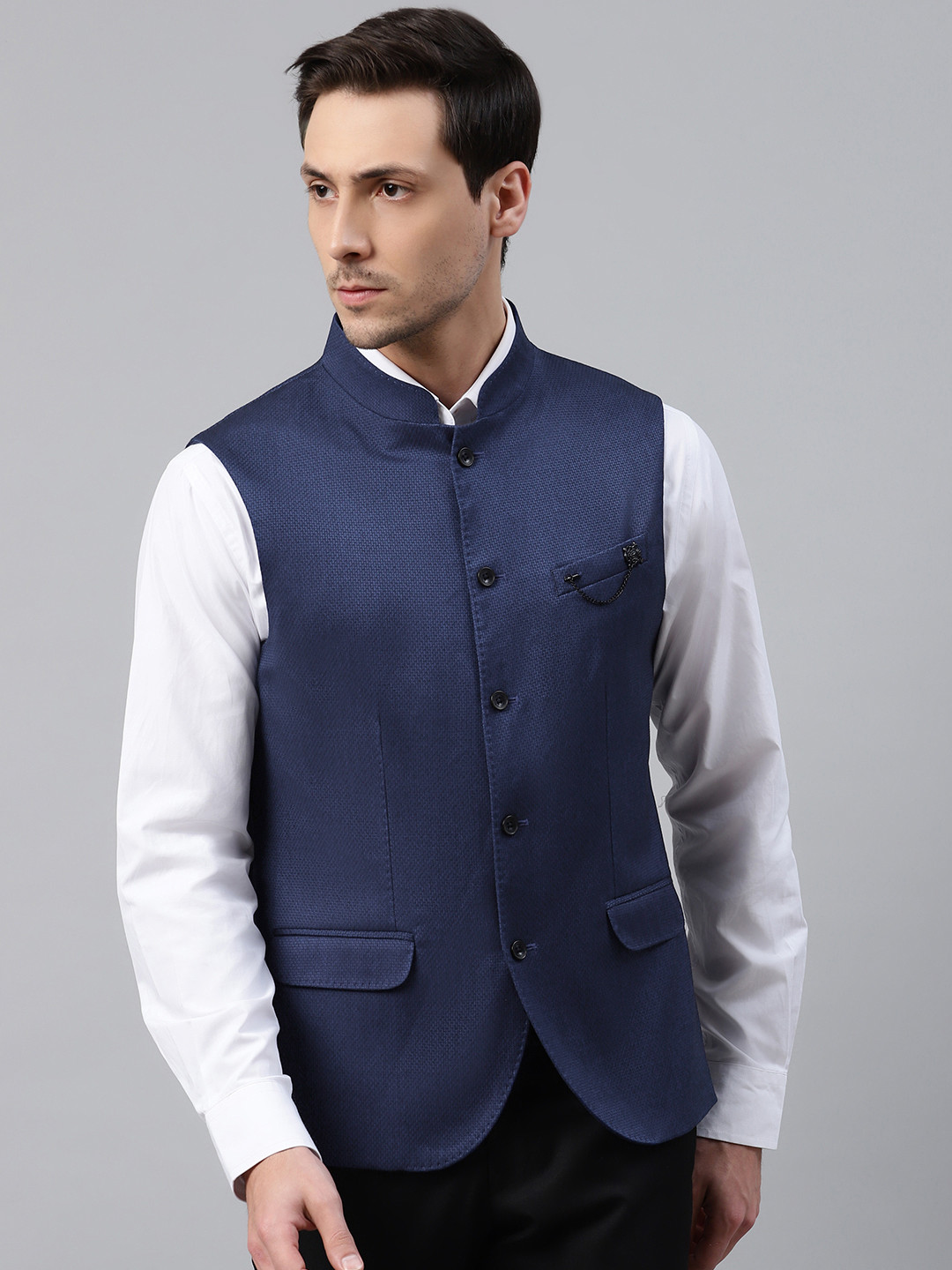 Blackberrys Men Royal Blue Textured Slim Fit Smart Casual Nehru Jacket with Brooch