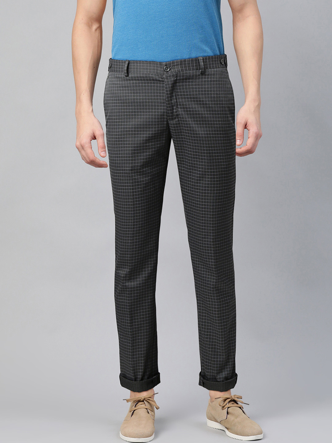 Blackberrys Men Charcoal Grey & White B-91 Slim Fit Checked Regular Trousers