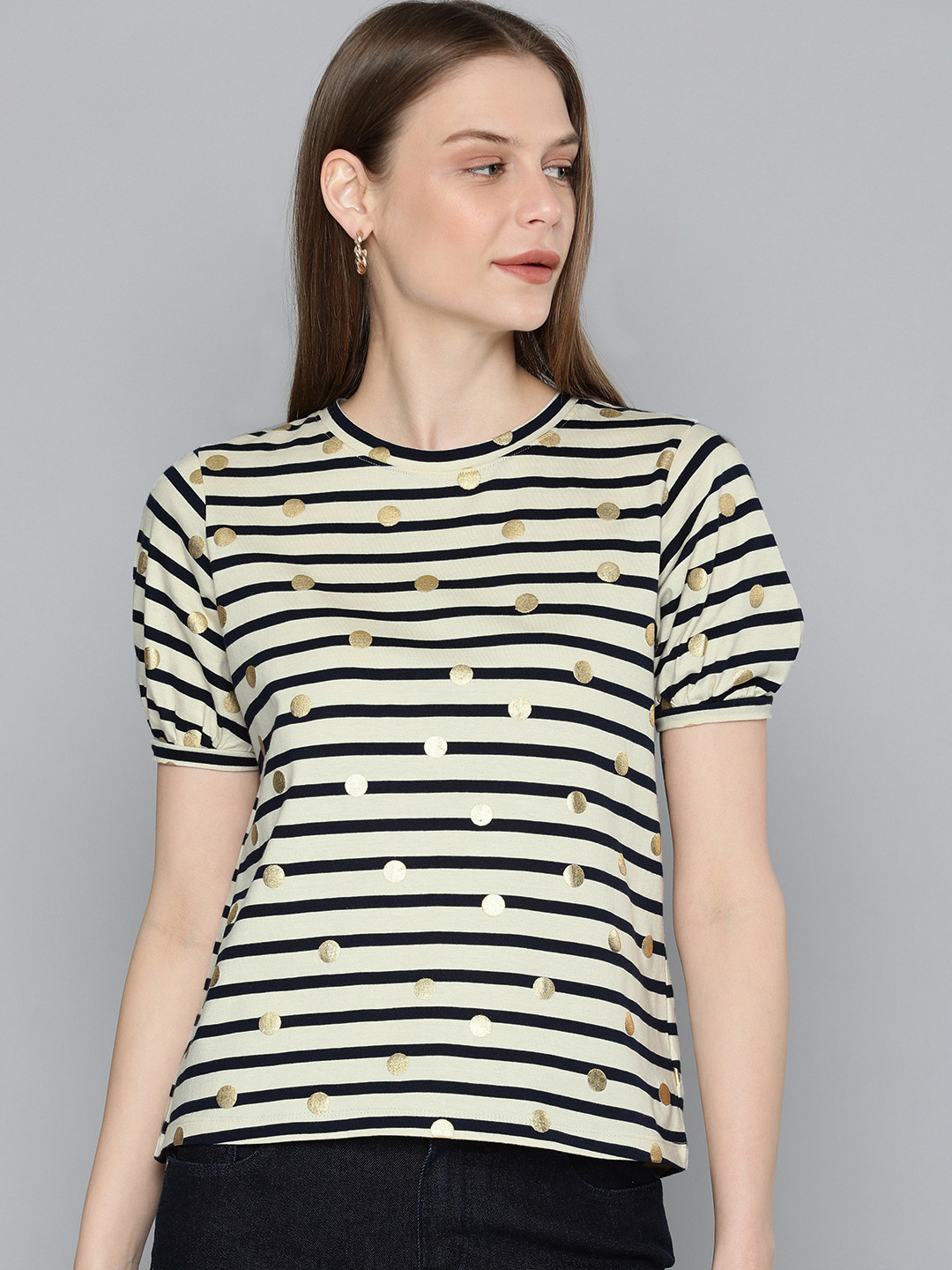 Chemistry Women Off-White Striped Round Neck Pure Cotton T-shirt