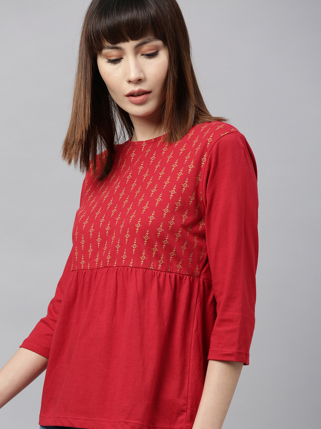 Chemistry Red Ethnic Motifs Pure Cotton Top