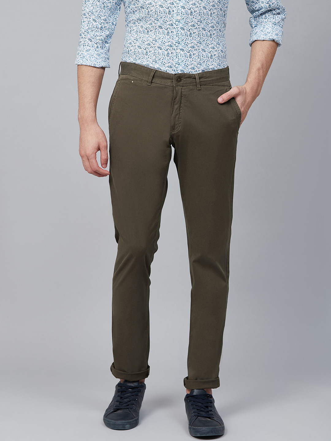 Blackberrys Men Olive Green Roger Slim Fit Solid Regular Trousers