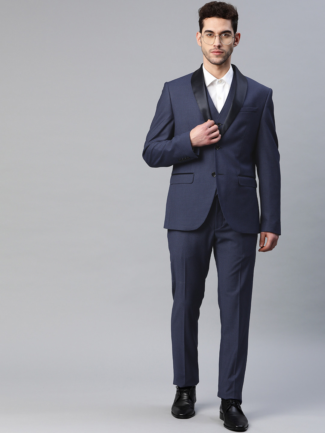 Blackberrys Men Navy Blue & Black Slim Fit Self-Design Single-Breasted Partywear Suit