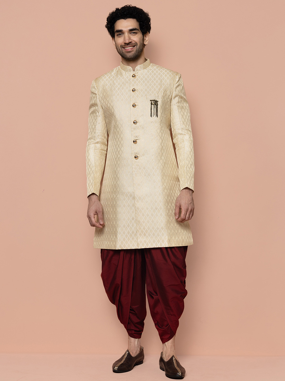 KISAH Men Off-White & Maroon Woven Design Indowestern Sherwani