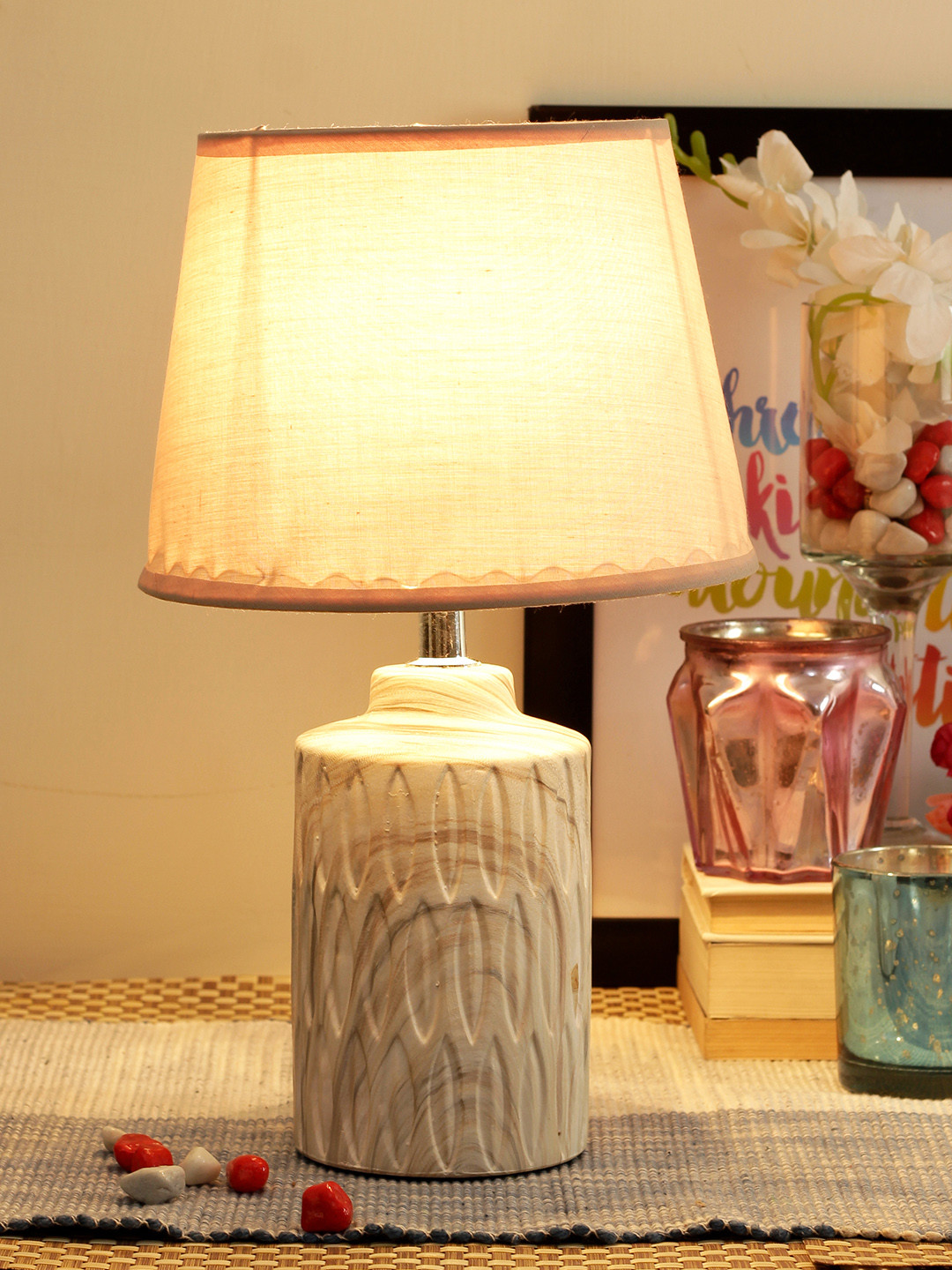 TIED RIBBONS Grey Printed Woody Pattern Bedside Lamp