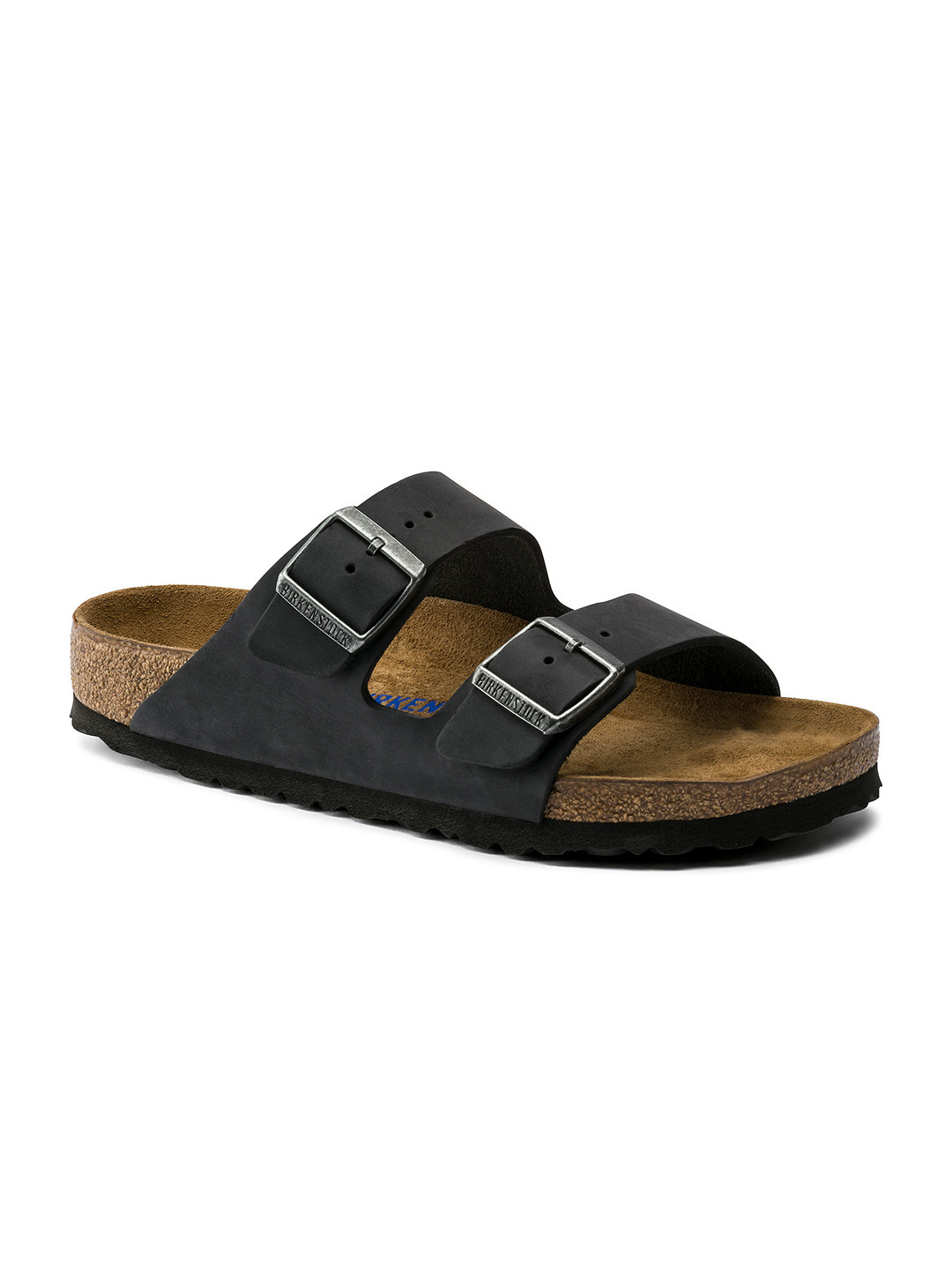 Birkenstock Arizona Soft Footbed Black Regular Width Oiled Leather Two-Strap Sandals