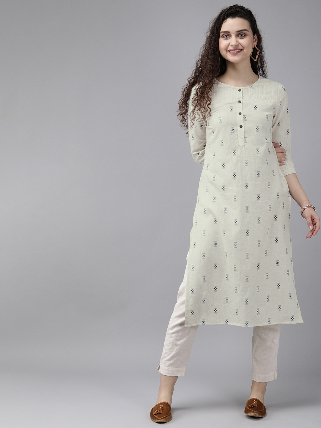 Anouk Women Off-White & Navy Blue Printed Straight Kurta