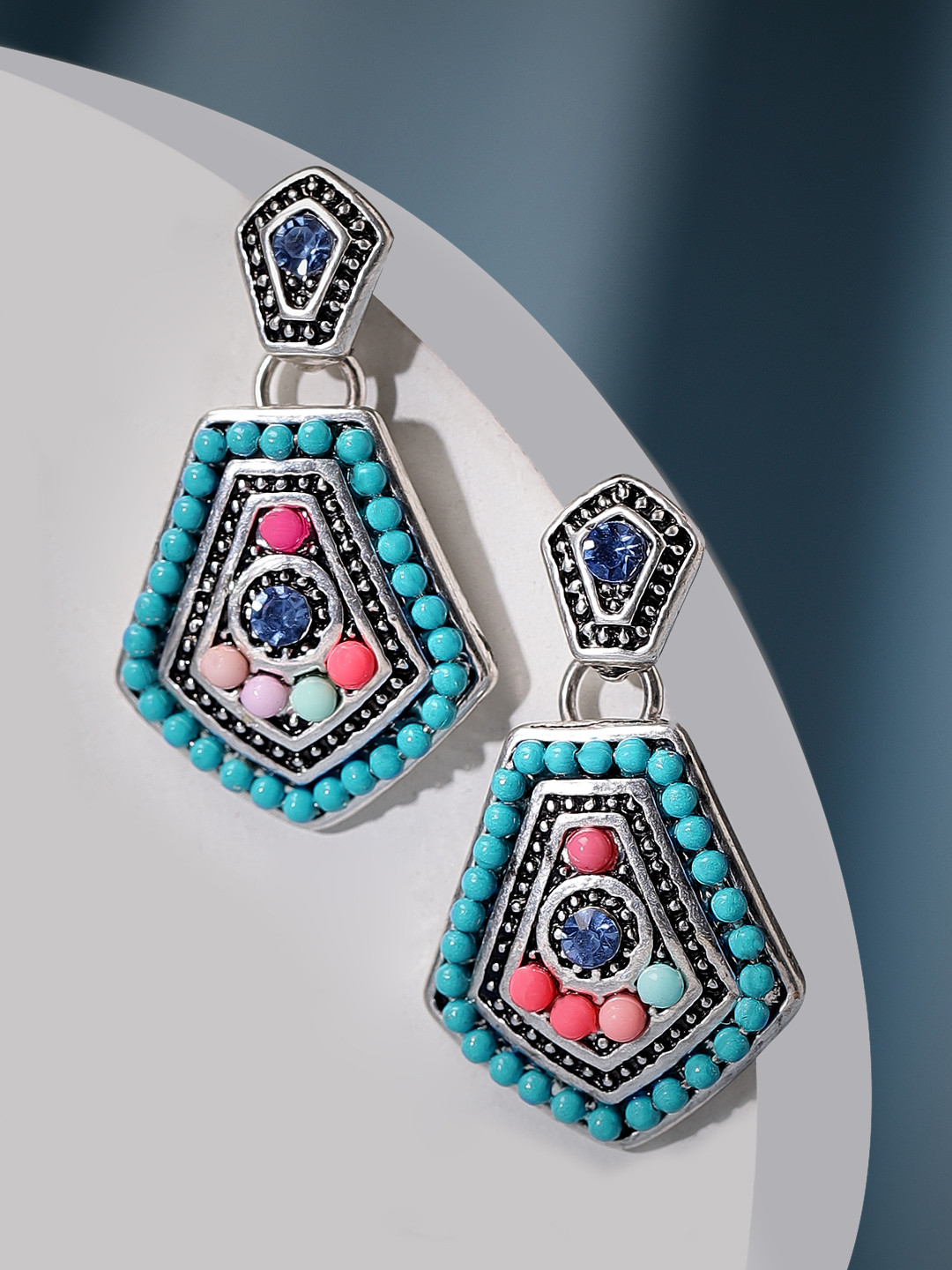 Rubans Silver-Toned & Blue Oxidised Classic Drop Earrings