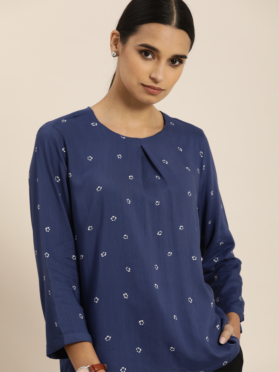 her by invictus Women Navy Blue & White Printed Top