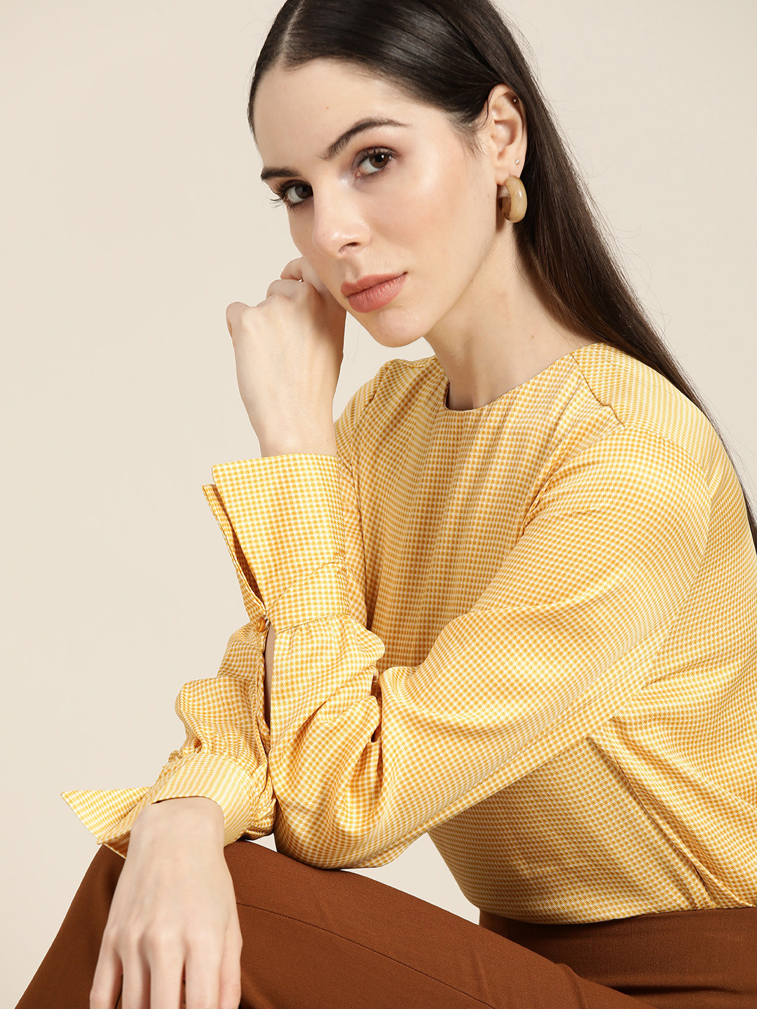 her by invictus Mustard Yellow Checked Top