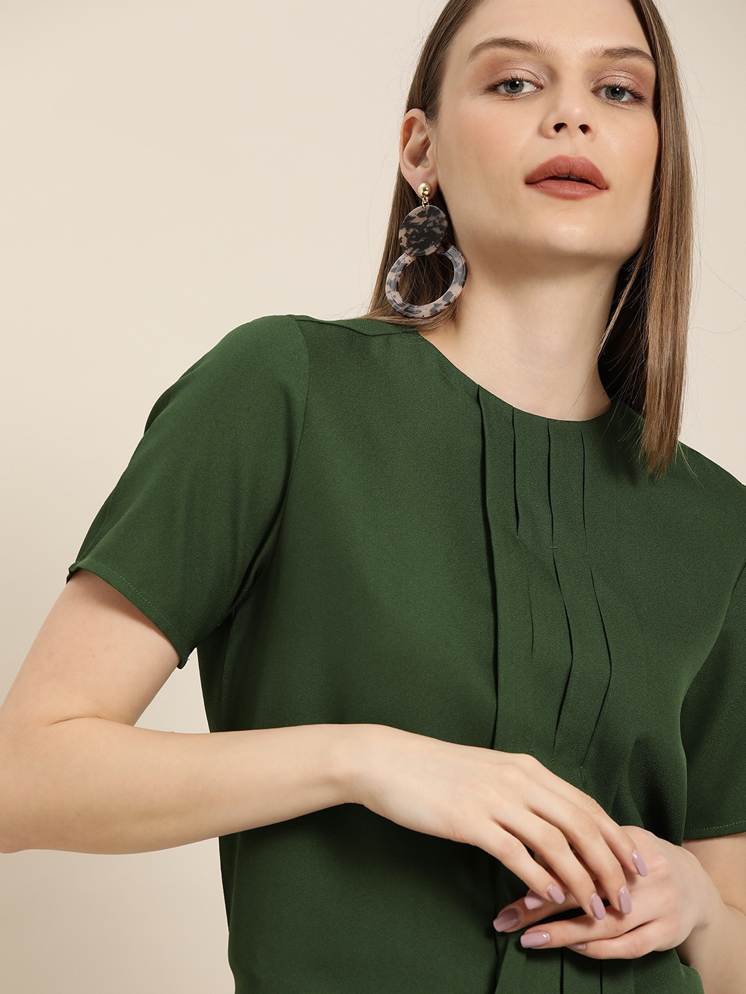 her by invictus Women Olive Green Solid Top With Pleats