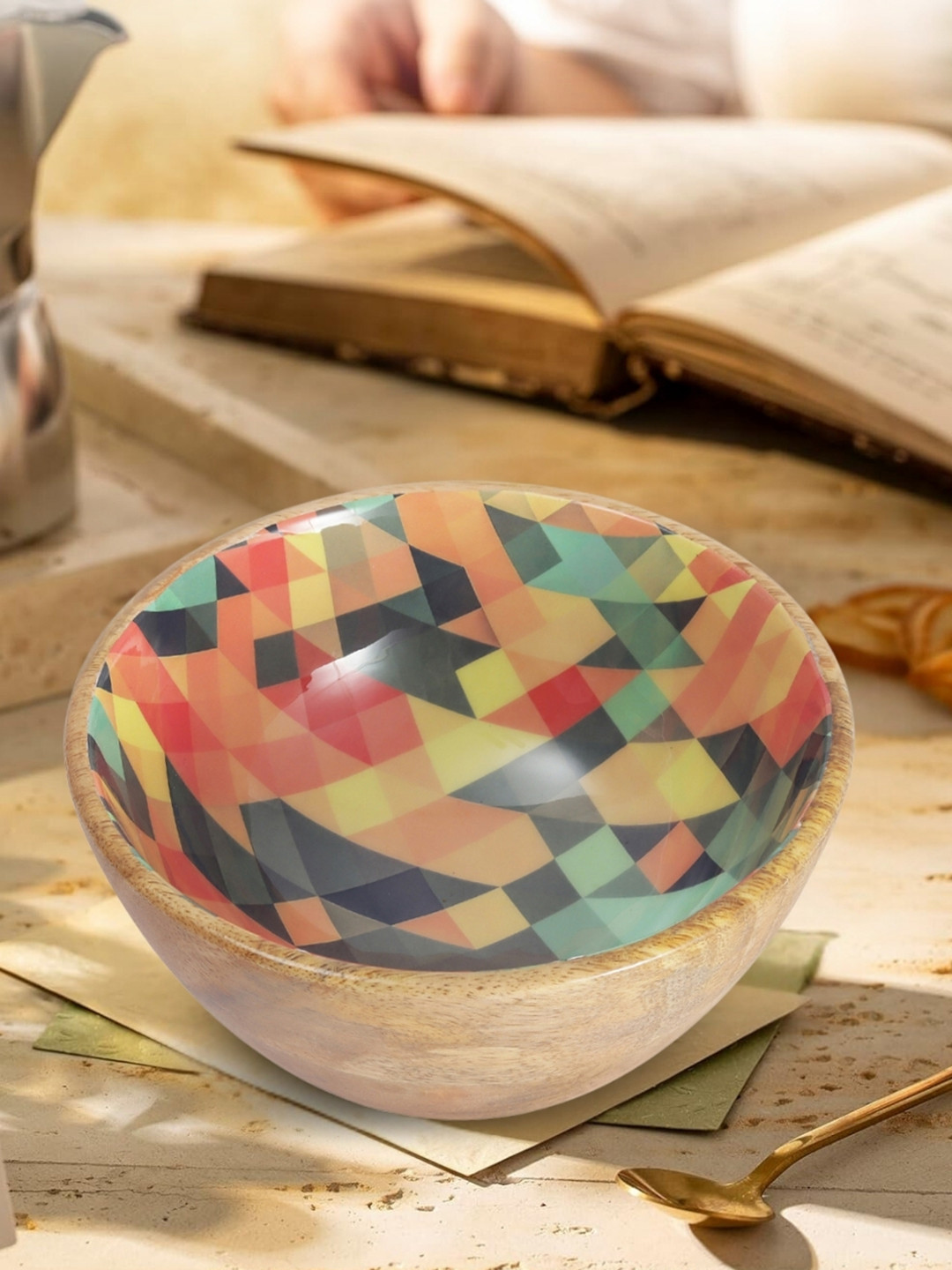 VarEesha Multicoloured Hand-Painted Mango Wood Large Serving Bowl