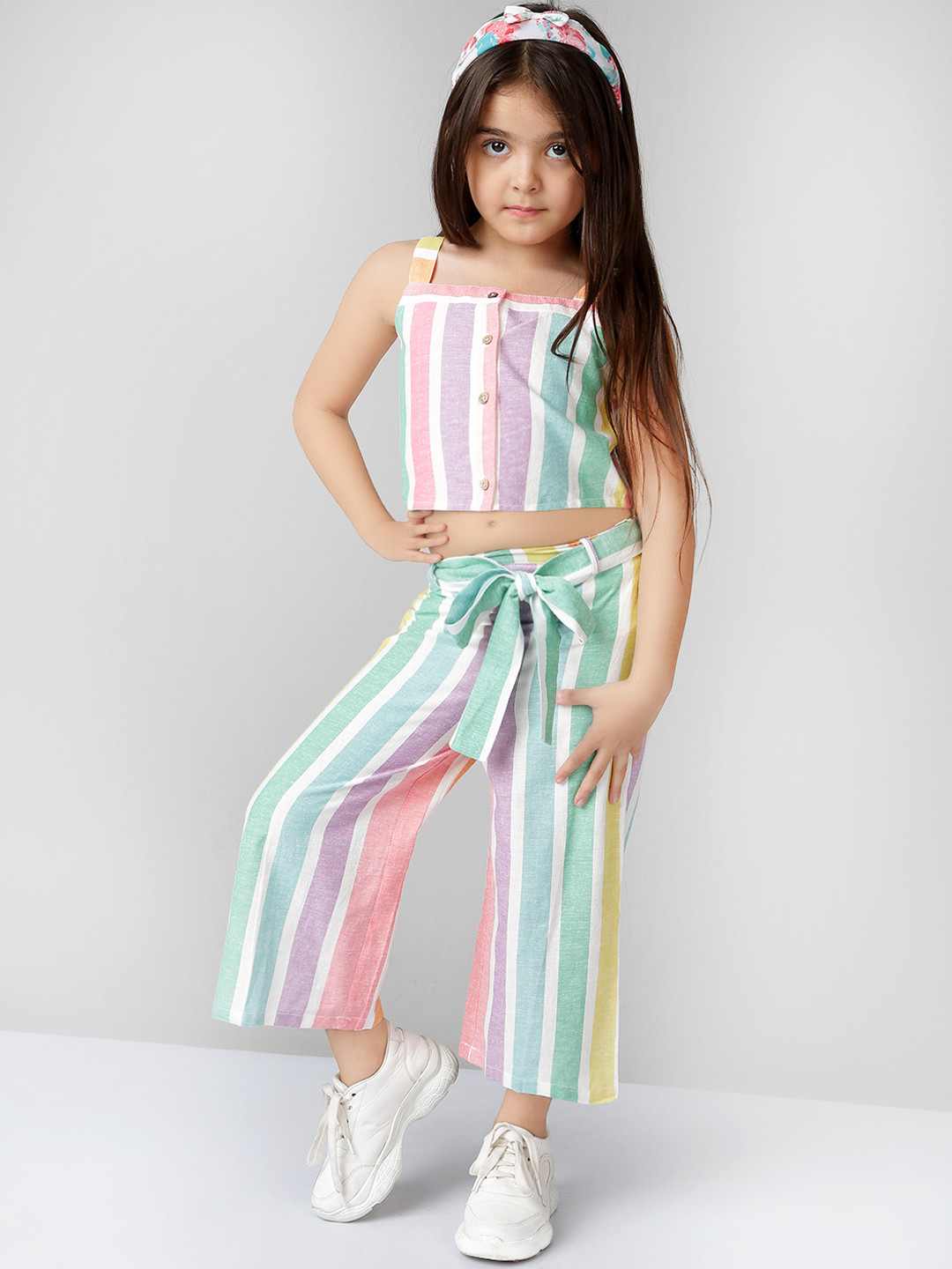 Naughty Ninos Girls Pink & Yellow Striped Top with Palazzos