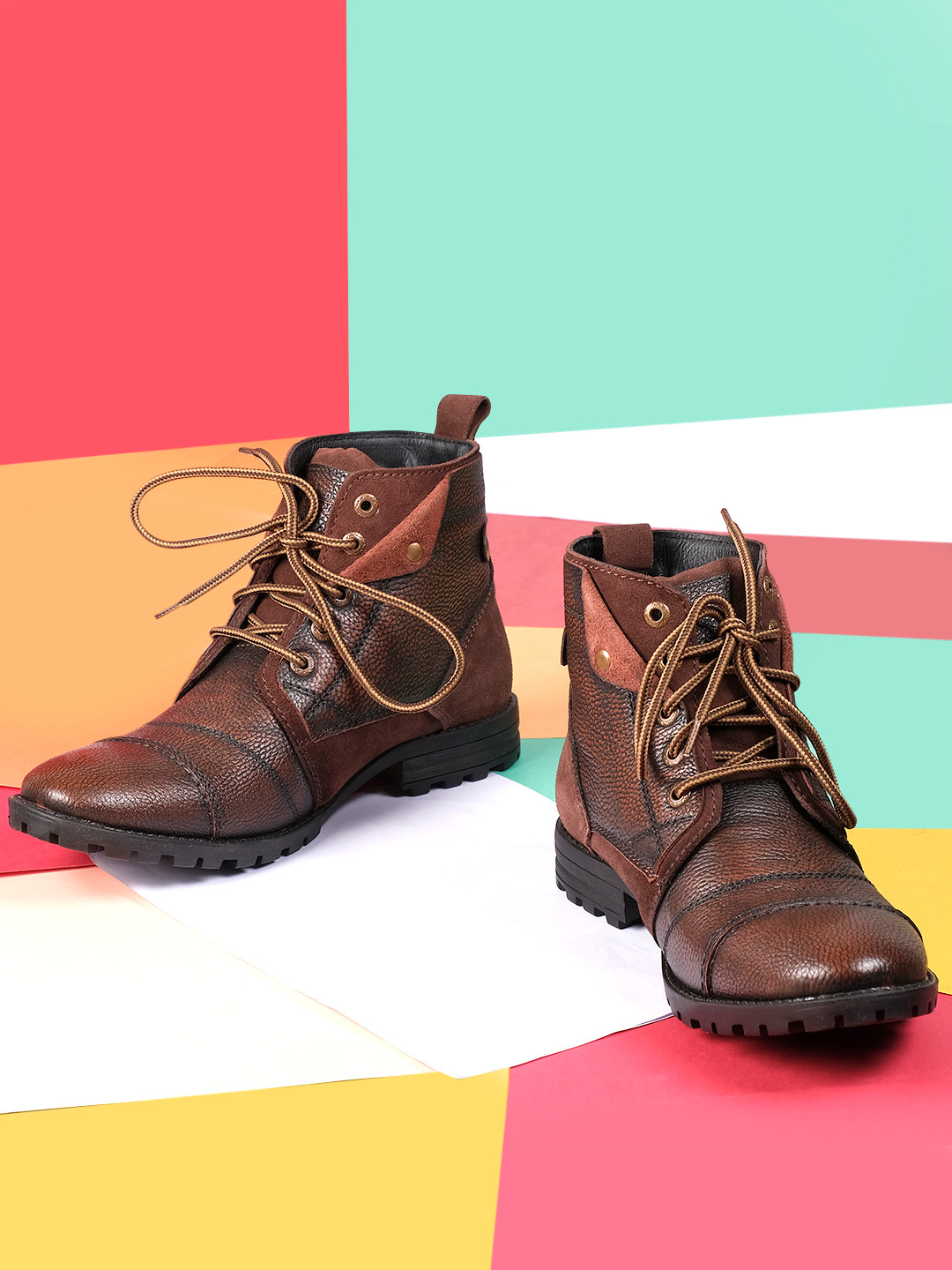 Allen Cooper Men Tan Brown Colourblocked Genuine Leather Mid-Top Flat Boots