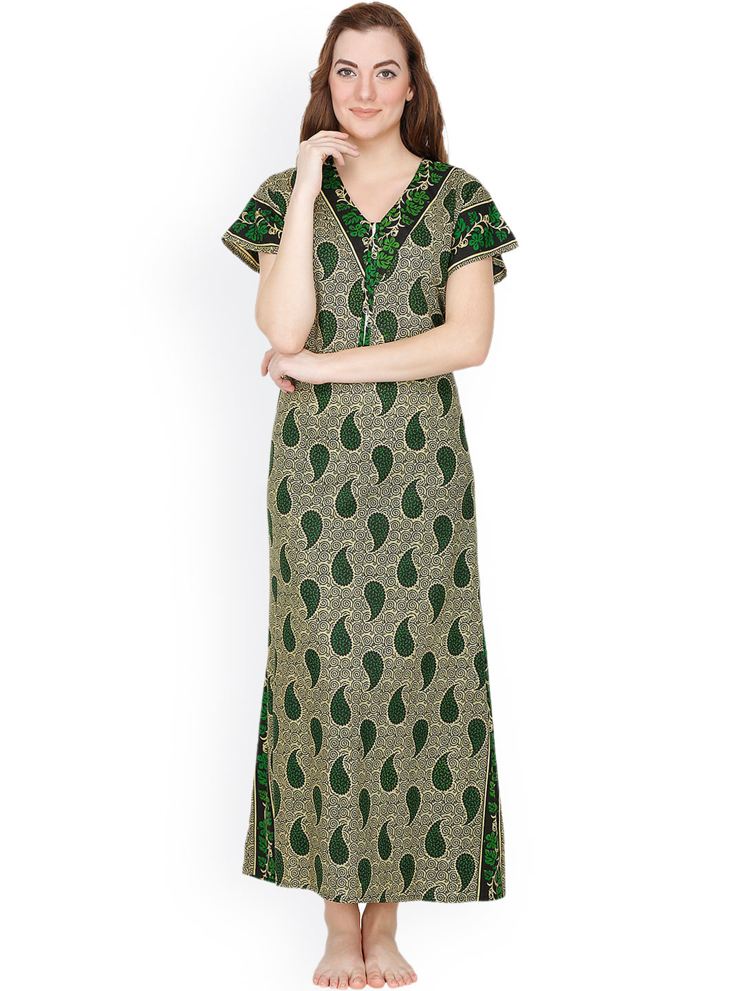 Secret Wish Green & Beige Paisley Print Maxi Nightdress NT-148