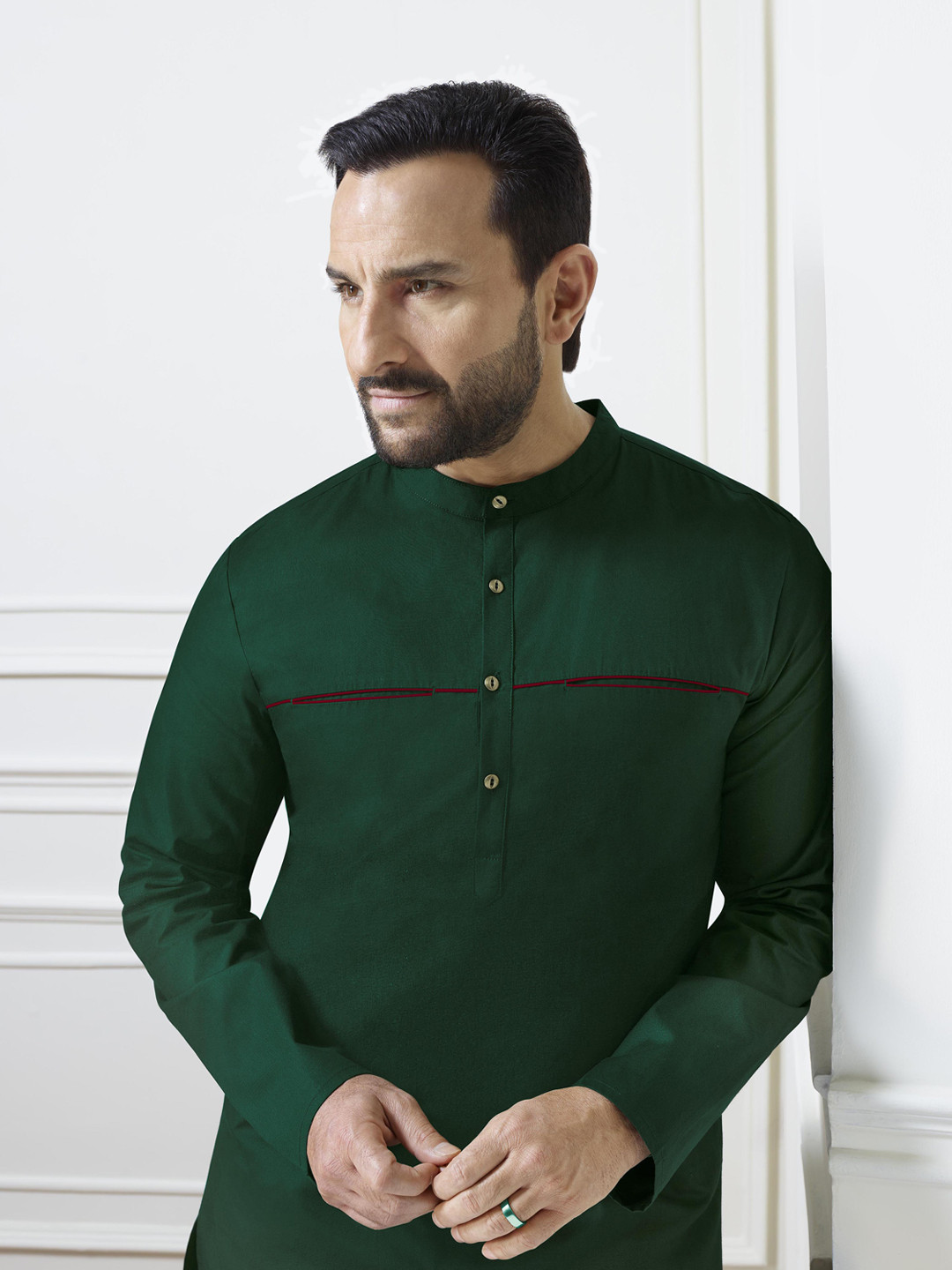 House of Pataudi Men Green Solid Straight Kurta