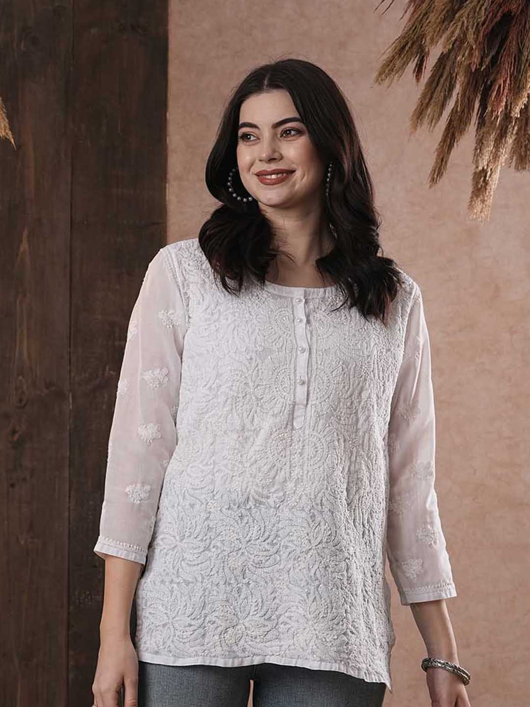 ADA Women White Chikankari Hand Embroidered Pure Cotton Semi-Sheer Straight Handloom Kurti