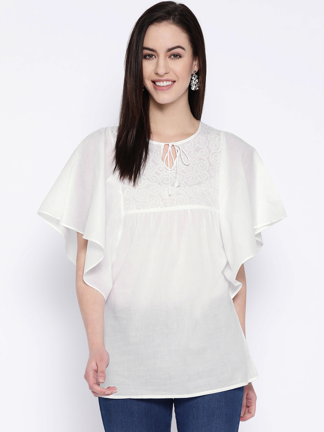 ADA Women White Chikankari Hand Embroidered Handloom Semi-Sheer Sustainable Pure Cotton Top