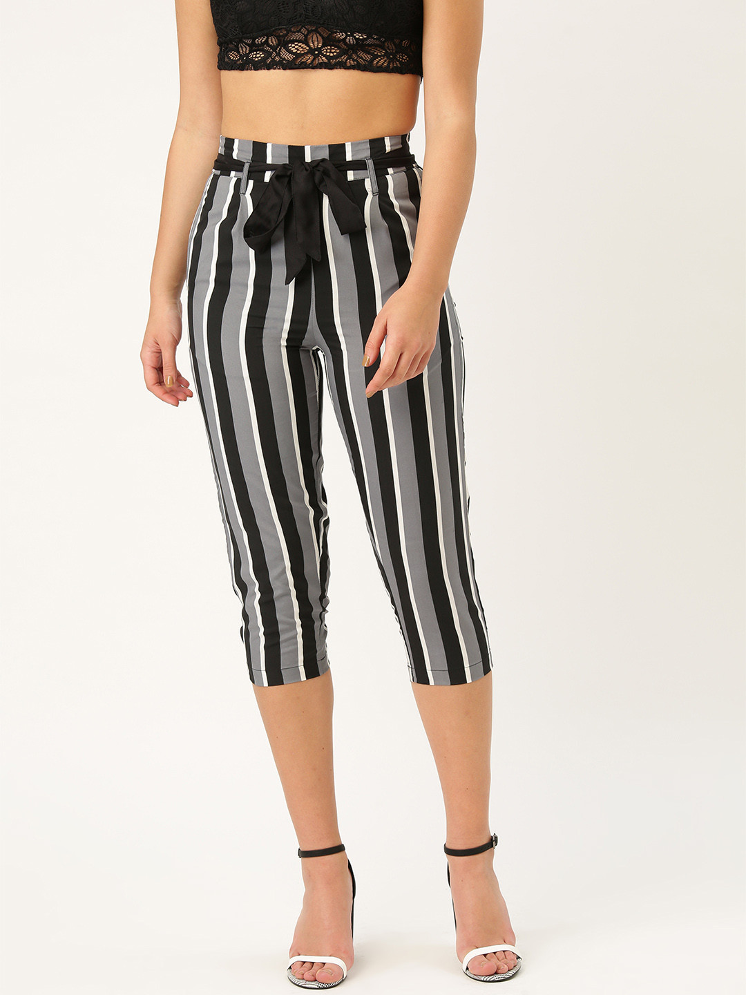 Style Quotient Women Grey & Black Smart Regular Fit Striped Three-Fourth Trousers
