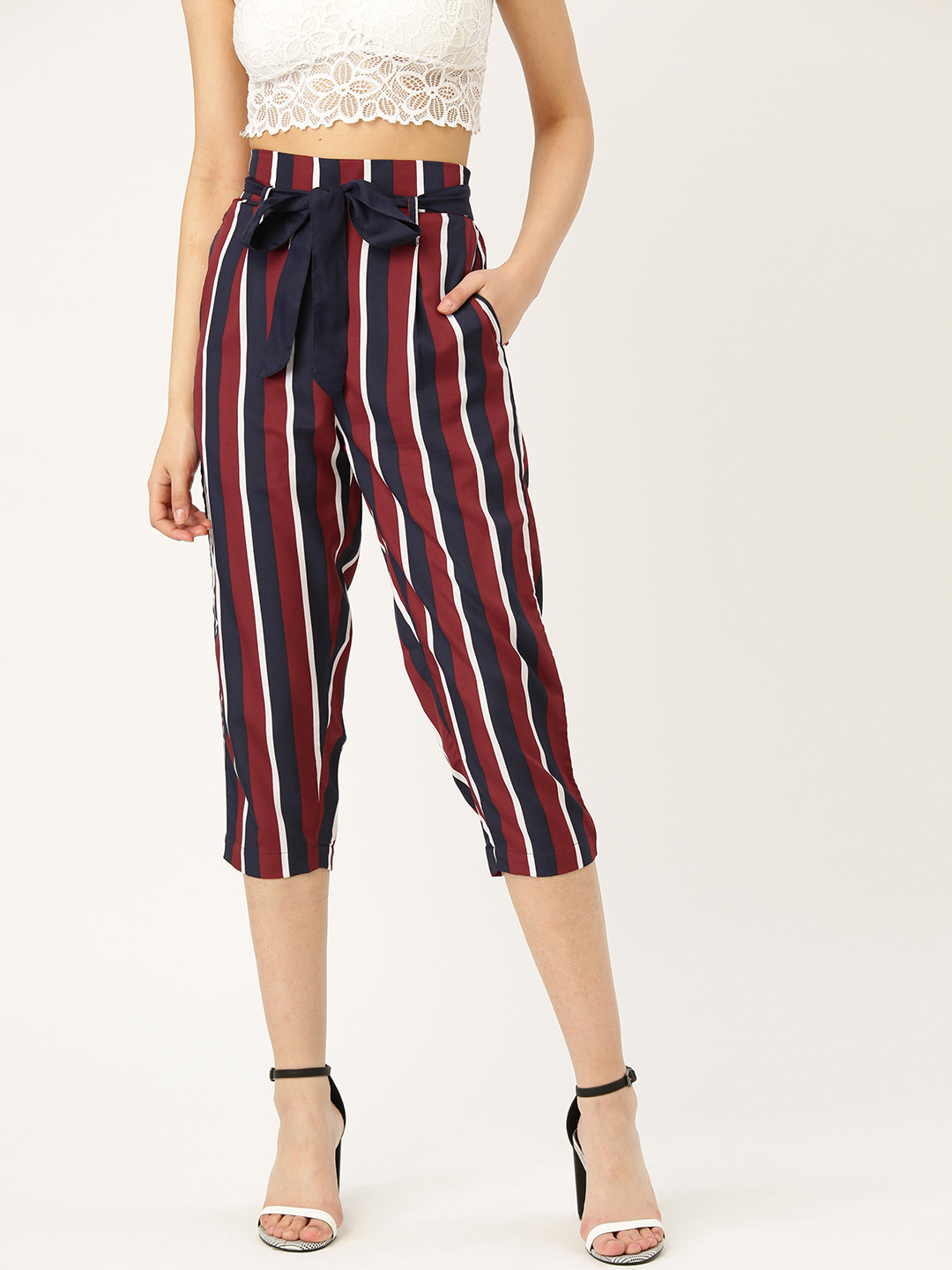 Style Quotient Women Maroon & Navy Blue Smart Regular Fit Striped Trousers With Belt