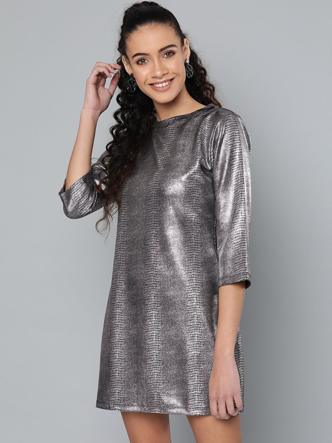 STREET 9 Women Silver & Black Snakeskin Printed Mini A-Line Dress