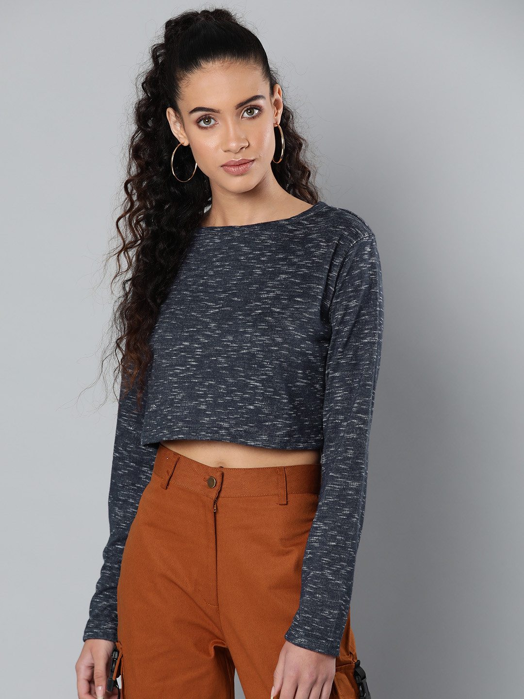 STREET 9 Women Navy Blue & Off-White Melange Effect Crop Pure Cotton Top