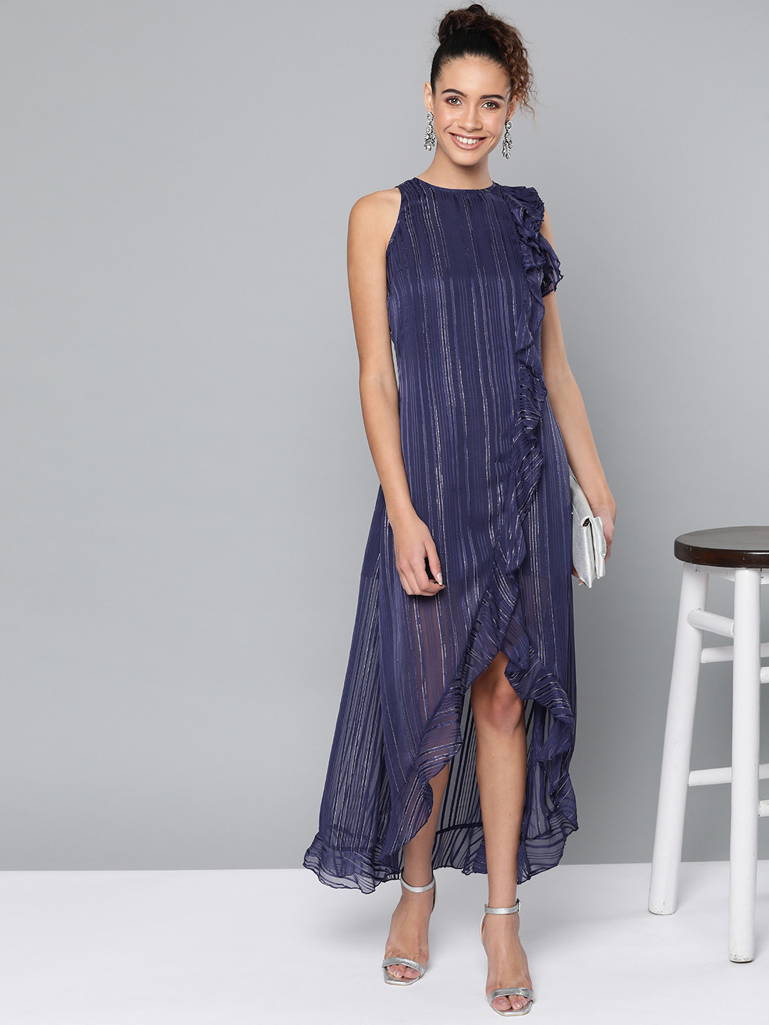 STREET 9 Women Navy Blue & Silver Striped Maxi Dress
