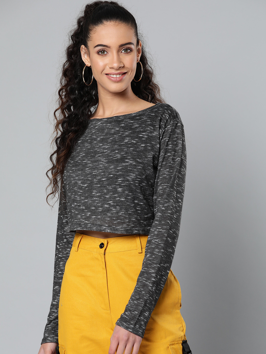 STREET 9 Women Charcoal Grey & Off-White Melange Effect Crop Pure Cotton Top
