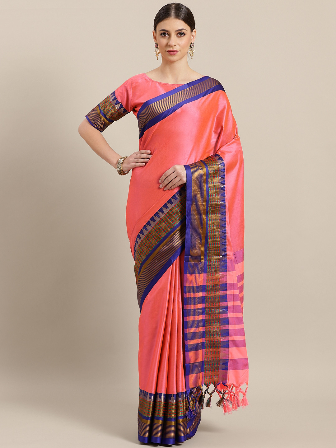 Saree mall Pink & Blue Solid Khadi Saree