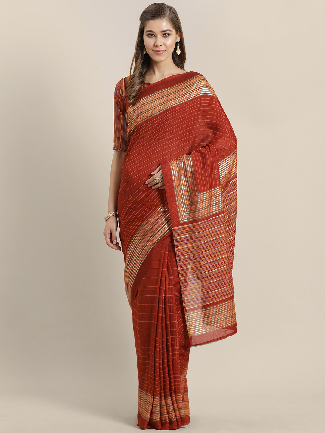 Saree mall Rust Orange Striped Saree