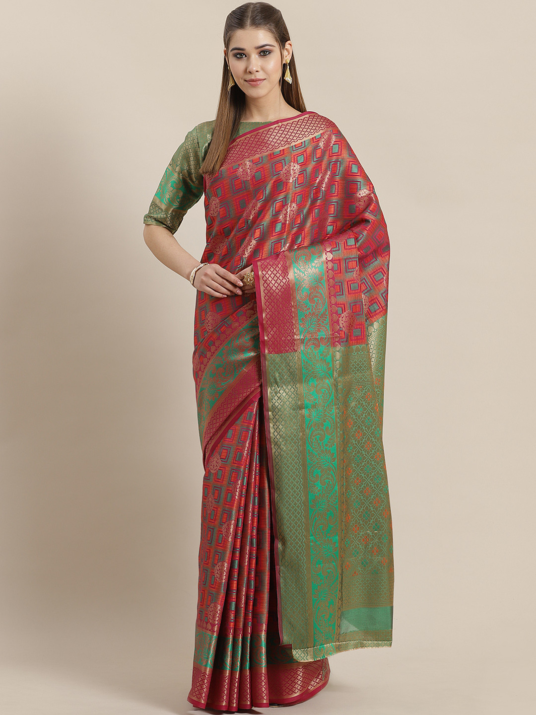Saree mall Magenta & Green Woven Design Banarasi Saree
