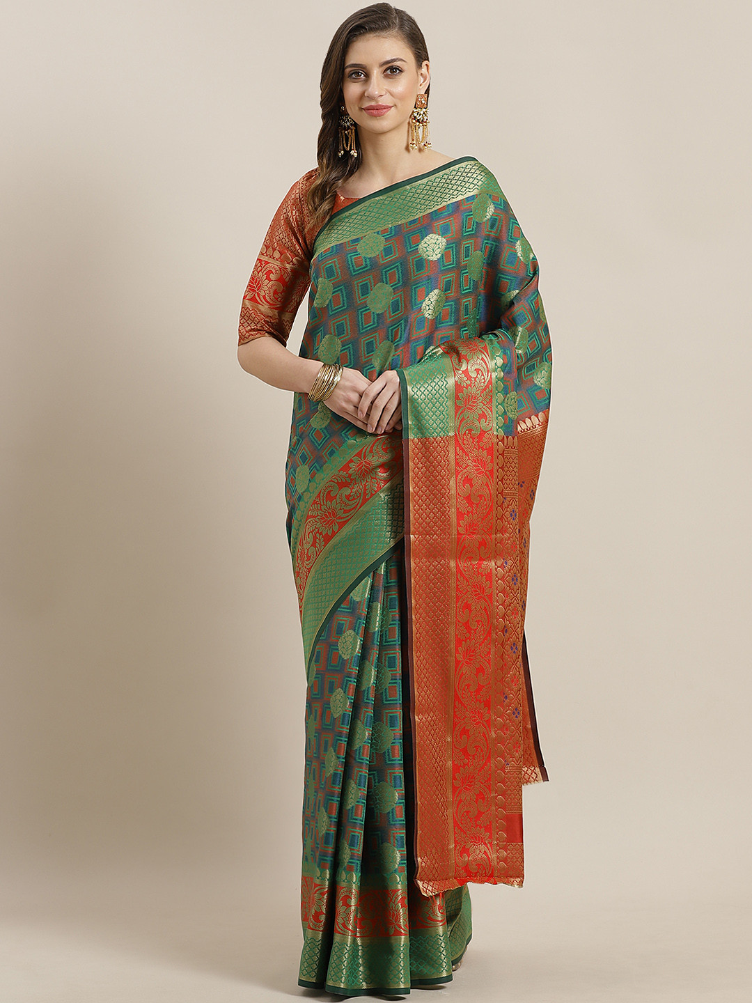 Saree mall Green & Red Woven Design Banarasi Saree