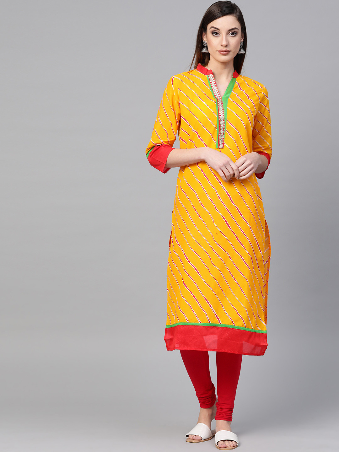 Geroo Jaipur Yellow Leheriya Straight Cotton  Kurta