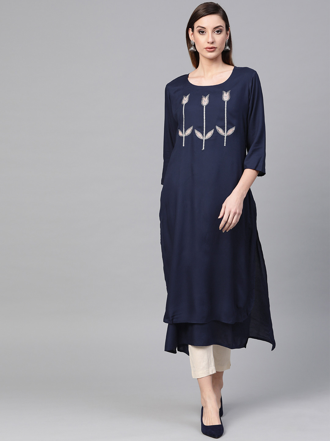 Geroo Jaipur Navy Blue Hand Embroidered Straight Rayon Kurta