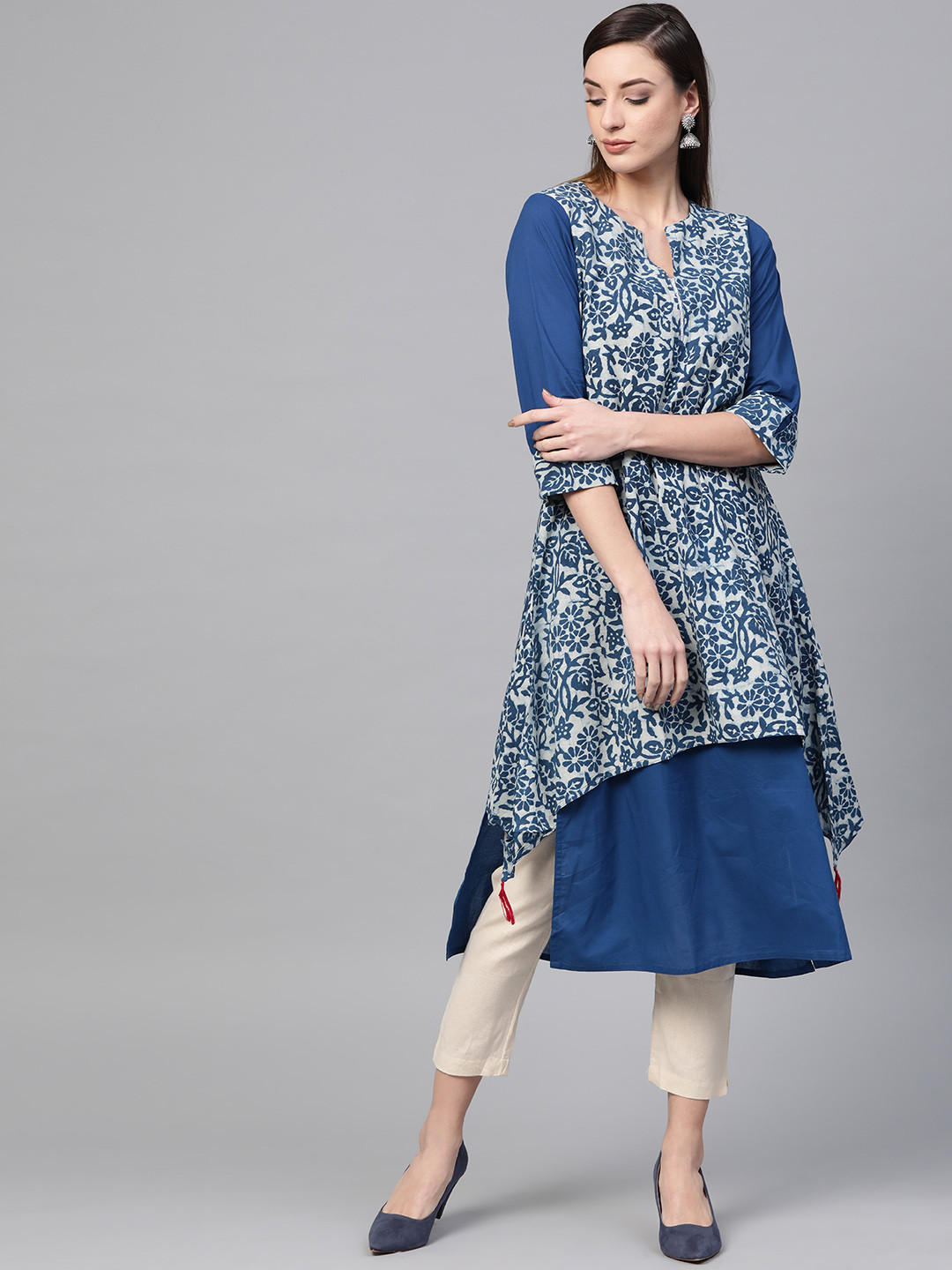 Geroo Jaipur Indigo Hand Block Printed Layered A-Line Pure Cotton Kurta