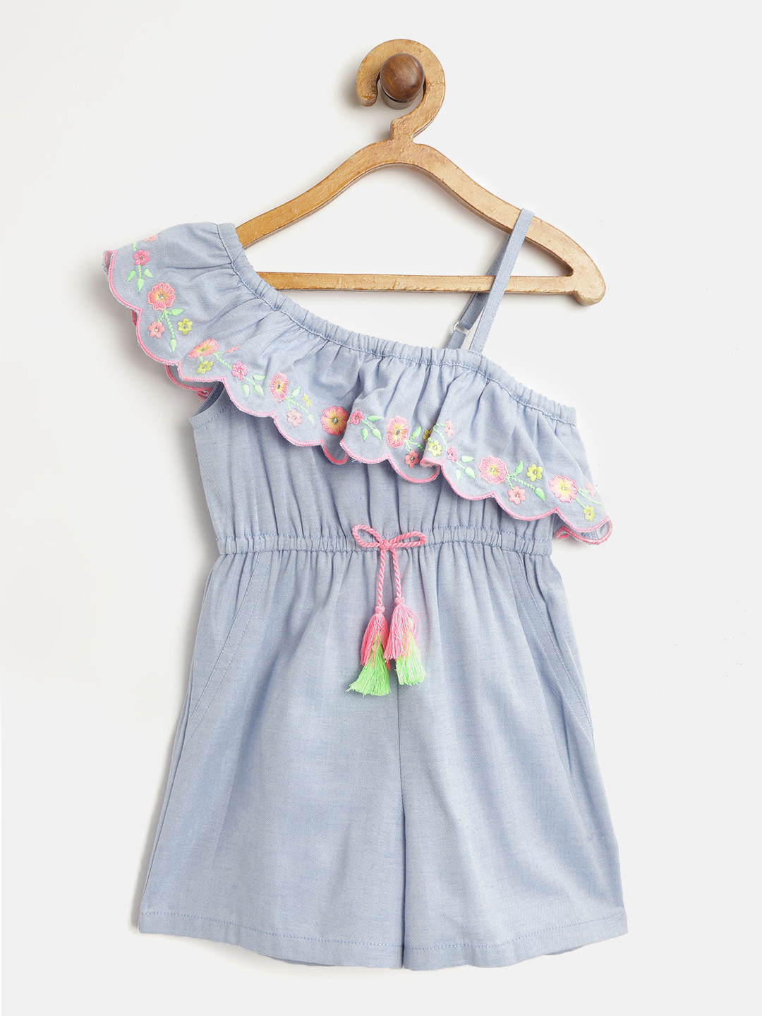 Nauti Nati Girls Blue & Pink Embroidered Detail Playsuit