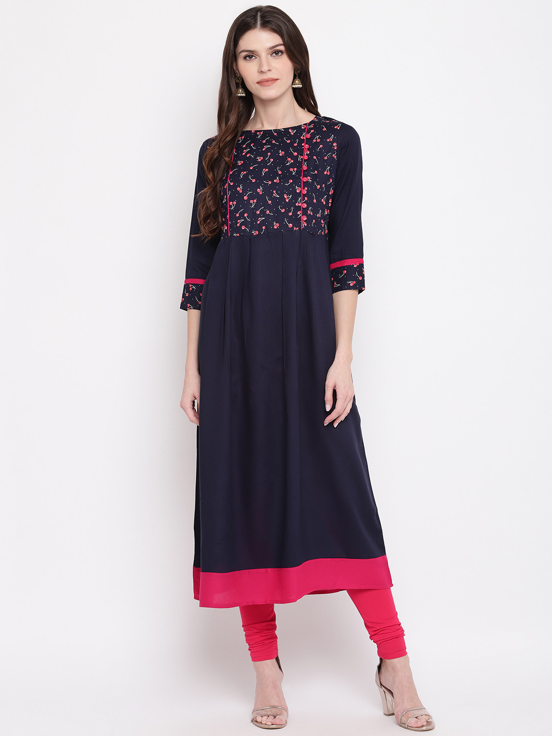Vbuyz Women Navy Blue & Pink Cherry Printed A-Line Kurta