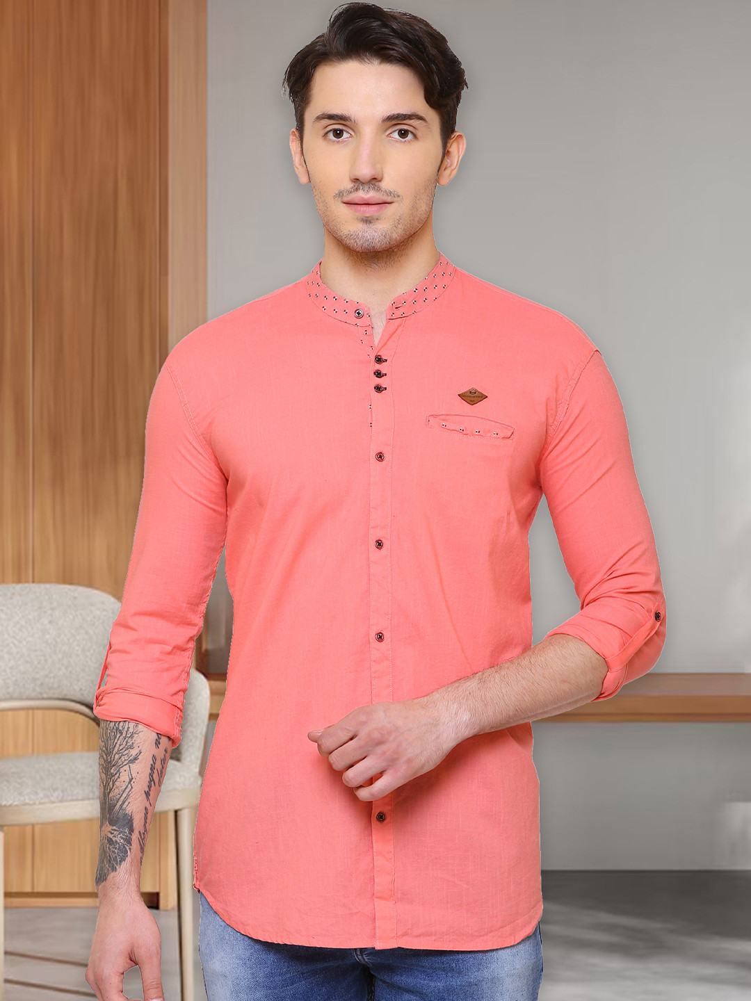 Kuons Avenue Men Peach-Coloured Smart Slim Fit Solid Casual Shirt