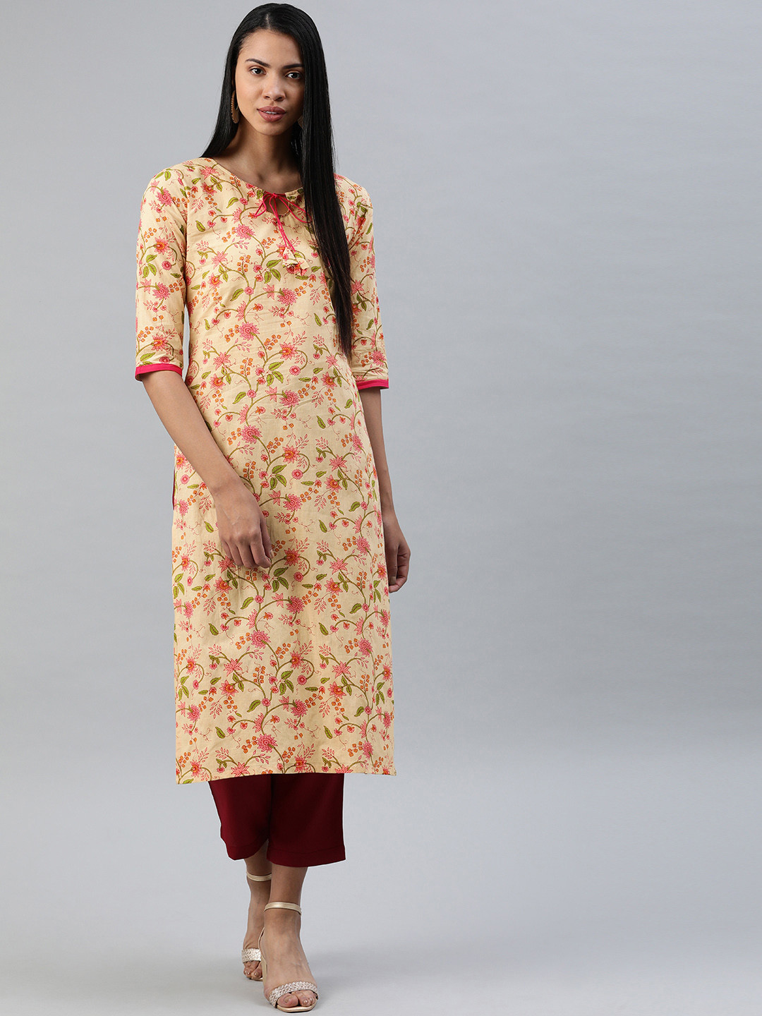 Swishchick Women Beige Floral Print Straight Kurta