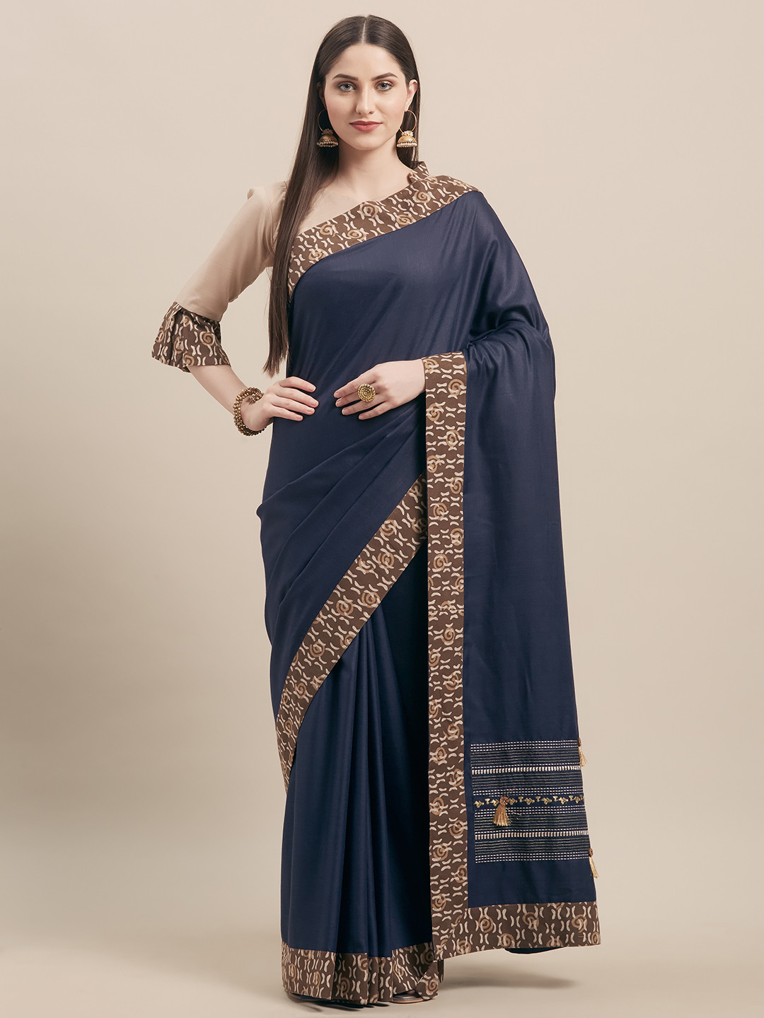 Kvsfab Navy Blue Solid Silk Blend Saree