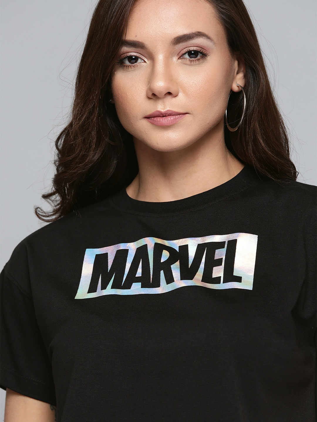 Kook N Keech Marvel Women Black & Silver Printed Relaxed Round Neck T-shirt