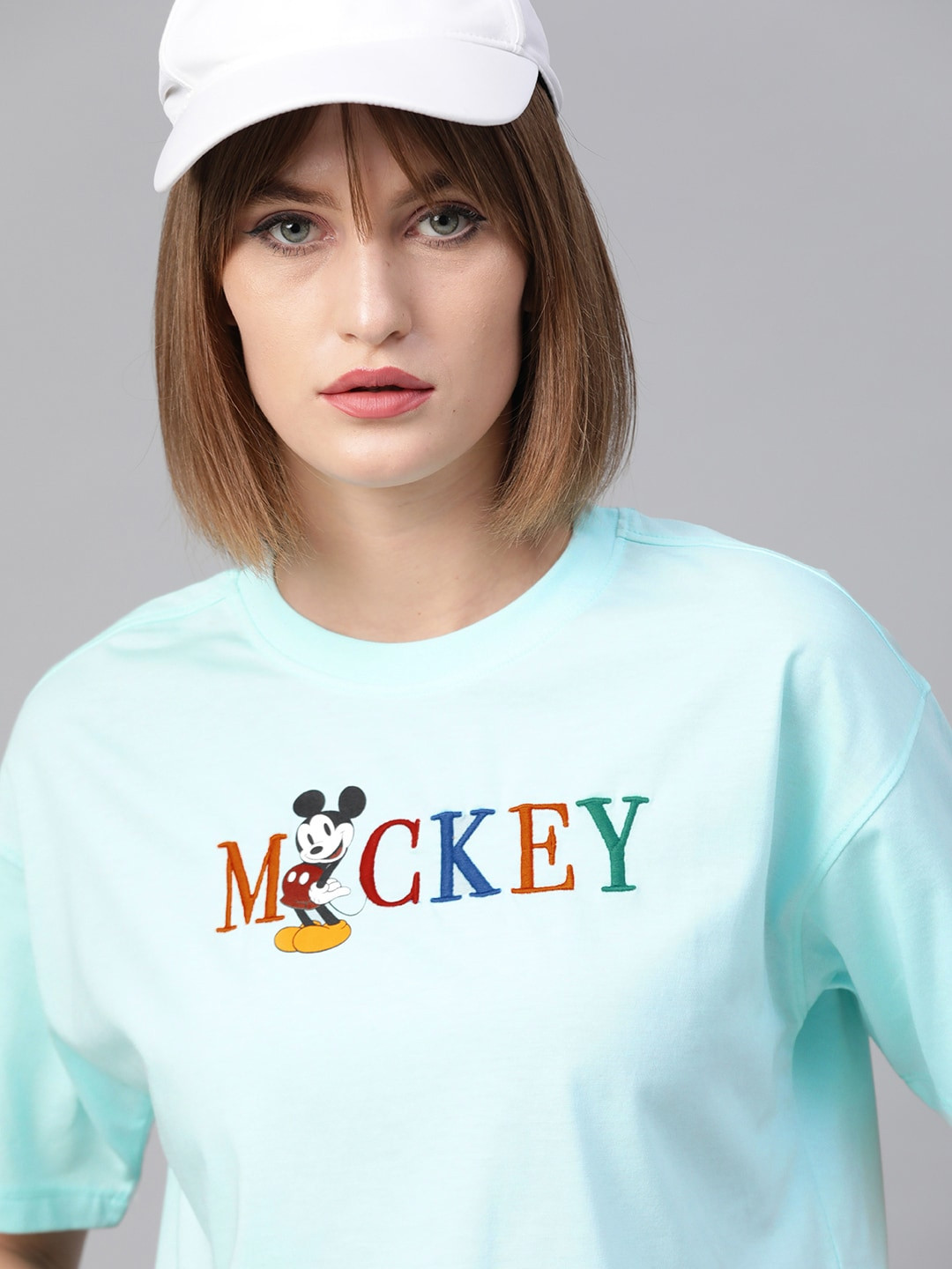 Kook N Keech Disney Women Blue Micky Mouse Print Round Neck Cropped Boxy T-shirt