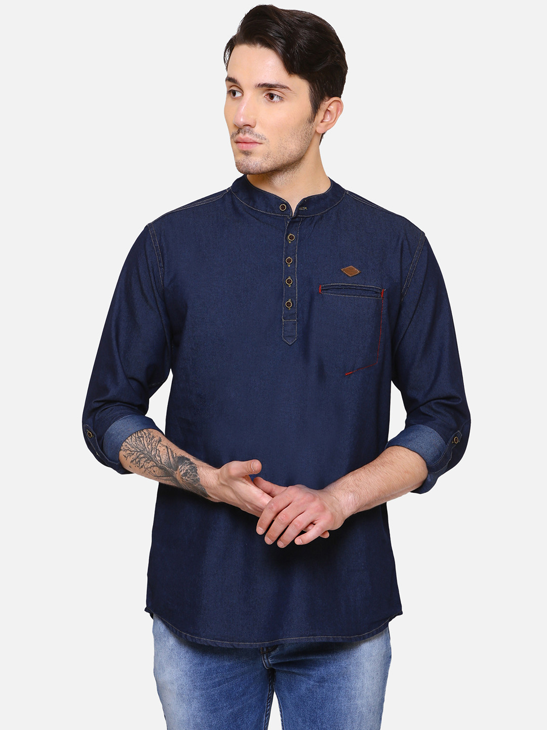Kuons Avenue Men Navy Blue Denim Solid Straight Kurta