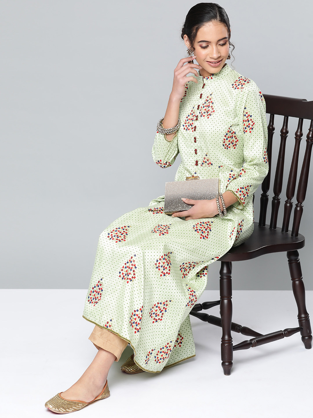 STREET 9 Women Green & Red Printed A-Line Kurta