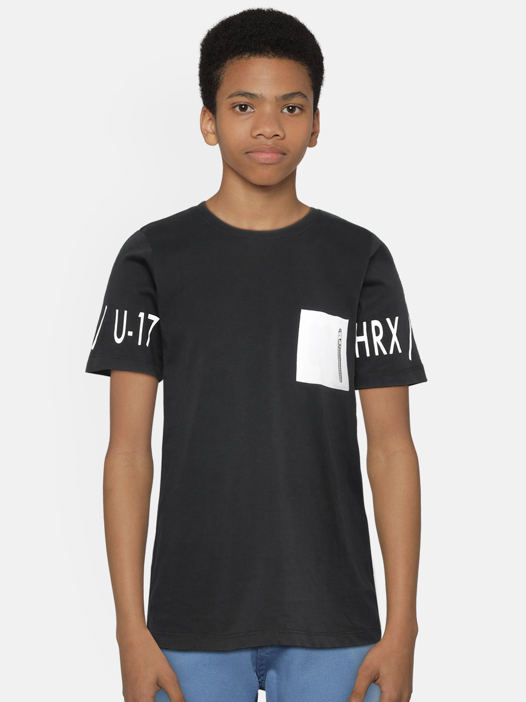 Hrx By Hrithik Roshan Boys Black Solid Bio Wash Lifestyle Tshirts