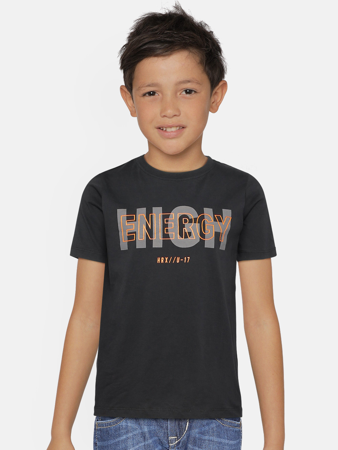 Hrx By Hrithik Roshan Boys Black Printed Boxy Fit Bio-Wash Lycra Lifestyle Pure Cotton T-shirts