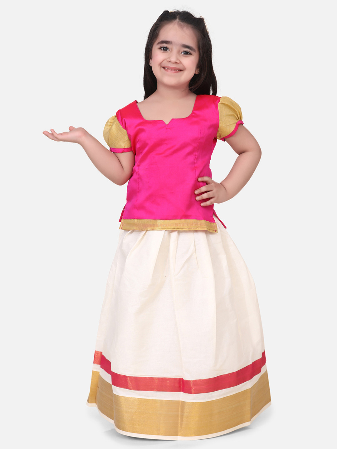 BownBee Girls Pink & White Solid Ready to Wear Pattu Pavadai