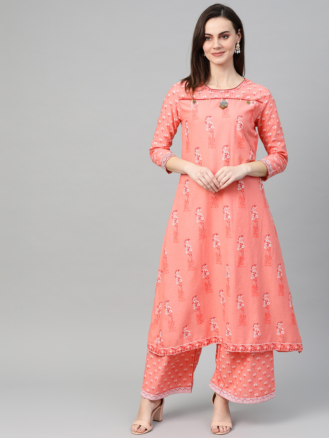 Ishin Women Pink & Off-White Block Print Kurta with Palazzos
