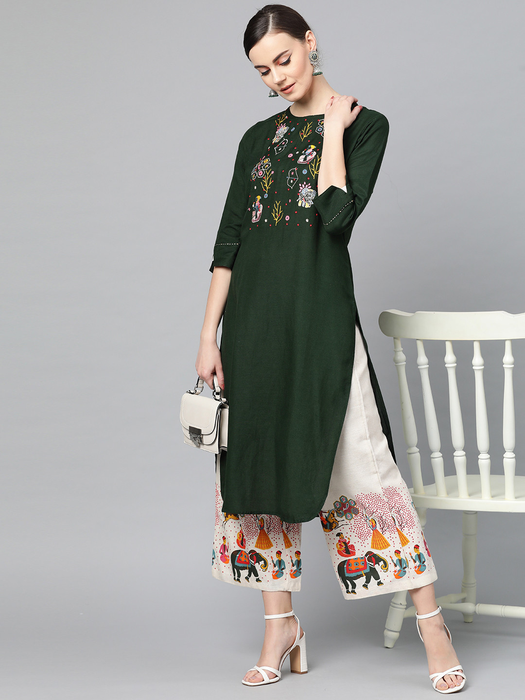 Ishin Women Green & Off-White Yoke Design Kurta with Block Print Palazzos