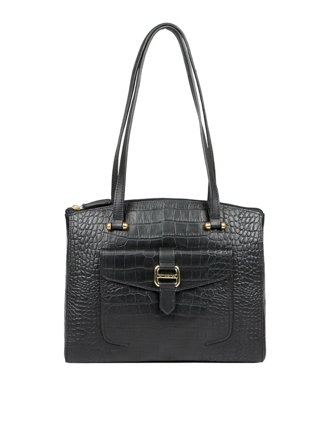 Hidesign Black Animal Textured Leather Shoulder Bag