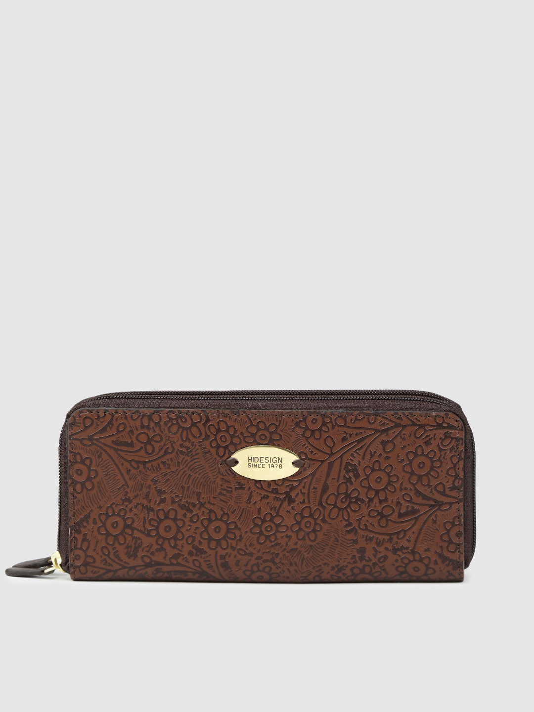 Hidesign Women Tan Brown Self Design Zip Around Leather Wallet